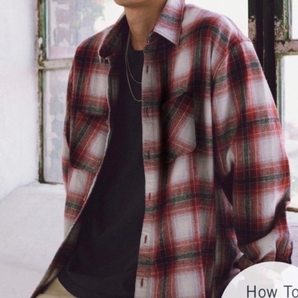 Abercrombie & Fitch Mens Oversized Plaid Flannel Button Down Shirt Red White M